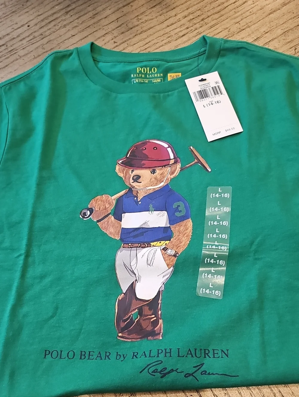 Ralph Lauren Green Polo Bear Graphic Short Sleeve Tee Size L 14-16 NWT